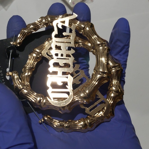 Gold-Tone Bamboo Style 3" Hoop Earrings, Hip Hop Style, Large Statement Jewelry - Picture 5 of 6